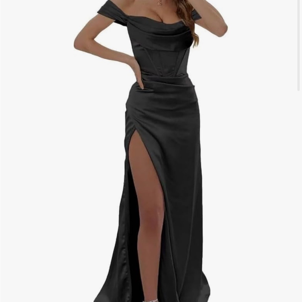 black satin off shoulder floor length lace up dress